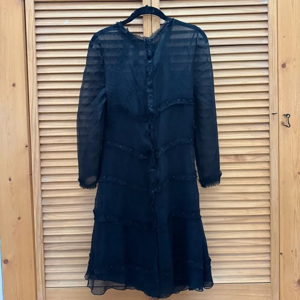 CHANEL Black sheer Silk Long Sleeve Dress